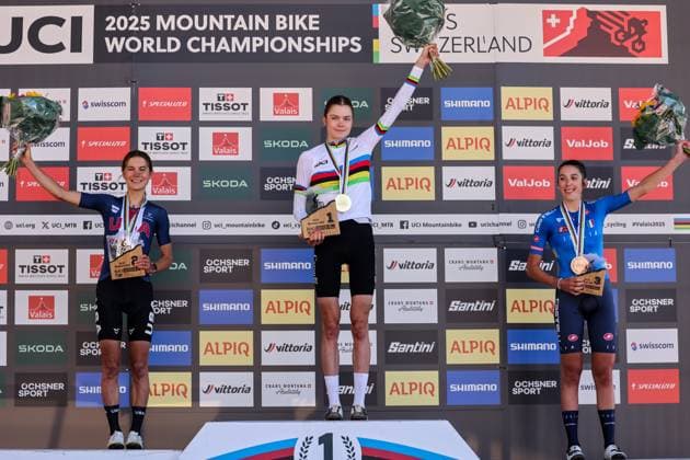 2025 UCI Mountain Bike World Championships Picture by Alex Whitehead SWpix.com - 14 09 2025 - Cycling - 2025 UCI Mountain Bike World Championships - Cross-country Olympic - Crans-Montana, Valais, Switzerland - Women U23 - Isabella Holmgren (Canada) receiving the Gold Medal to become World Champion, Vida Lopez de San Roman (USA) receiving the Silver Medal and Valentina Corvi (Italy) receiving the Bronze Medal Copyright: x xSWpix.comx(t axPhotographyxHubxLtd)xAlexxWhitehead SWpix.comx SWP-3030-4437