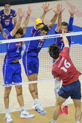 September 14, 2025, Quezon City, Manila, Philippines: France vs Korea in the Pool Phase during the FIVB Mens Volleyball World Championship, WM, Weltmeisterschaft 2025 in Manila, Philippines. France wins the match in 3 straight sets. France s Jean PATRY, Nicolas LE GOFF and Trevor CLEVENOT Quezon City Philippines - ZUMAr144 20250914_zap_r144_074 Copyright: xJaynexRussellx