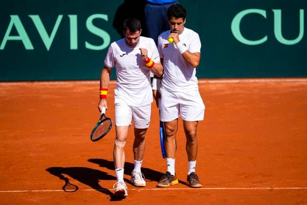 September 14, 2025, Malaga, Malaga, SPAIN: Jaume Munar and Pedro Martinez of Spain gestures against August Holmgren and Johannes Ingildsen of Denmark during their menÃ¢â‚¬â ¢s doubles tennis match to 2025 Davis Cup Qualifiers Second Round between Spain and Denmark at Club Tennis Puente Romano on September 14, 2025, in Malaga, Spain. Malaga SPAIN - ZUMAa181 20250914_zaa_a181_016 Copyright: xJoaquinxCorcherox