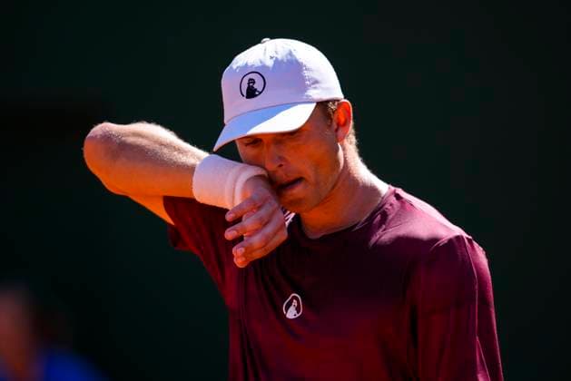 September 14, 2025, Malaga, Malaga, SPAIN: Johannes Ingildsen of Denmark gestures against Jaume Munar and Pedro Martinez of Spain during their menÃ¢â‚¬â ¢s doubles tennis match to 2025 Davis Cup Qualifiers Second Round between Spain and Denmark at Club Tennis Puente Romano on September 14, 2025, in Malaga, Spain. Malaga SPAIN - ZUMAa181 20250914_zaa_a181_034 Copyright: xJoaquinxCorcherox