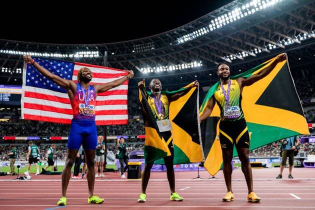 250914 Noah Lyles of USA, Oblique Seville of Jamaica and Kishane Thompson of Jamaica celebrate after men s 100 metersduring day 2 of the 2025 World Athletics Championships on September 14, 2025 in Tokyo. Photo: Joel Marklund BILDBYRAN kod JM JM0730 bbeng friidrott athletics friidrett 2025 world athletics championships world athletics championships tokyo 25 friidrotts-vm friidretts-vm vm jubel *** 250914 Noah Lyles of USA, Oblique Seville of Jamaica and Kishane Thompson of Jamaica celebrate after men s 100 metersduring day 2 of the 2025 World Athletics Championships on September 14, 2025 in Tokyo Photo Joel Marklund BILDBYRAN kod JM JM0730 bbeng friidrott athletics friidrett 2025 world athletics championships world athletics championships tokyo 25 friidrotts vm friidretts vm vm jubel  Copyright: JOELxMARKLUND BB250914JM166