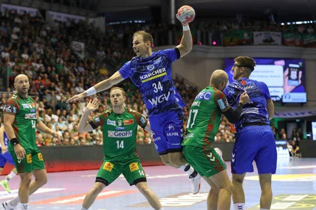 14.09.2025, xtgx, SC Magdeburg - TVB Stuttgart v.l. Kai Haefner (Häfner, Stuttgart, 34) wirft Tor, Torschuetze, erzielt Tor, Treffer, scores the goal Magdeburg