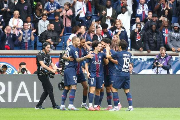 FOOTBALL : Paris Saint Germain Vs RC Lens - Ligue 1 - 14 09 2025 Joie sur le but de Bradley Barcola (PSG) - Vitinha (PSG) - Lucas Hernandez (PSG) - Goncalo Ramos (PSG) - Lee Kang-In (PSG) ParisFrance  Copyright: xMichtofx