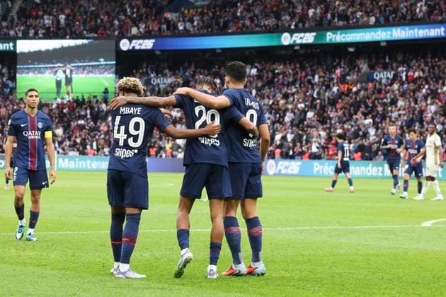 FOOTBALL : Paris Saint Germain Vs RC Lens - Ligue 1 - 14 09 2025 Joie sur le 2eme but de Bradley Barcola (PSG) - Ibrahim Mbaye (PSG) - Goncalo Ramos (PSG) - Achraf Hakimi (PSG) ParisFrance  Copyright: xMichtofx