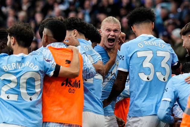 Manchester, England, 14th September 2025. Erling Haland of Manchester City celebrates his goal to make it 2-0 during the Manchester City vs Manchester United, ManU Premier League match at the Etihad Stadium, Manchester. Picture credit should read: Andrew Yates Sportimage EDITORIAL USE ONLY. No use with unauthorised audio, video, data, fixture lists, club league logos or live services. Online in-match use limited to 120 images, no video emulation. No use in betting, games or single club league player publications. SPI_042_AY_MCI_MUFC SPI-4139-0042