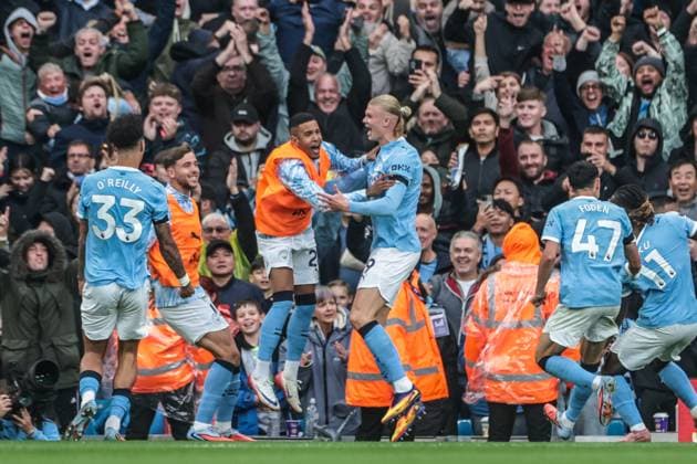 Premier League Manchester City v Manchester United, ManU Erling Haaland of Manchester City celebrates his goal to make it 2-0 during the Premier League match Manchester City vs Manchester United at Etihad Stadium, Manchester, United Kingdom, 14th September 2025 (Photo by Mark Cosgrove News Images) Manchester Etihad Stadium Manchester United Kingdom Copyright: xMarkxCosgrove NewsxImagesx