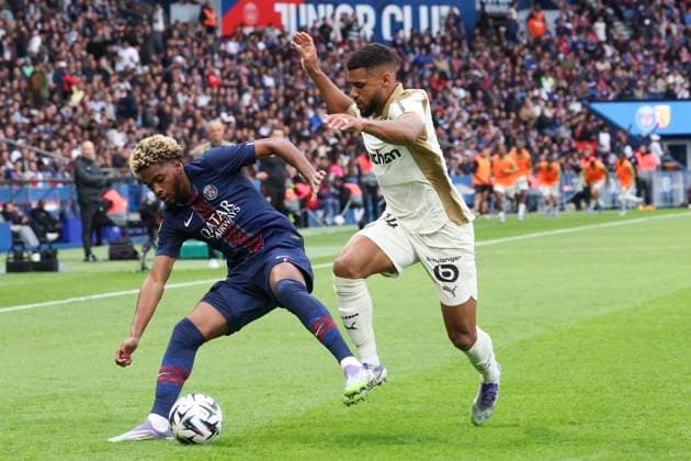 FOOTBALL : Paris Saint Germain Vs RC Lens - Ligue 1 - 14 09 2025 Ibrahim Mbaye (PSG) Vs Matthieu Udol (RC Lens) ParisFrance  Copyright: xMichtofx