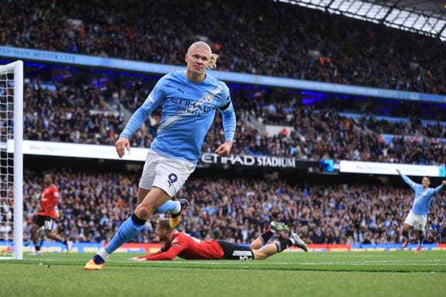 Manchester City v Manchester United, ManU 14th September 2025 - Premier League - Manchester City v Manchester United - Erling Haaland of Manchester City after scoring the second goal for his team - Photo: Simon Stacpoole Offside. Manchester UK Copyright: xSimonxStacpoolexOffside