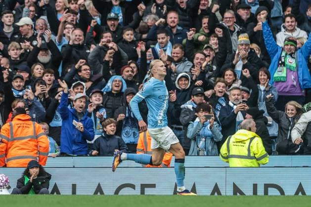 Premier League Manchester City v Manchester United, ManU Erling Haaland of Manchester City celebrates his goal to make it 3-0 during the Premier League match Manchester City vs Manchester United at Etihad Stadium, Manchester, United Kingdom, 14th September 2025 (Photo by Mark Cosgrove News Images) Manchester Etihad Stadium Manchester United Kingdom Copyright: xMarkxCosgrove NewsxImagesx