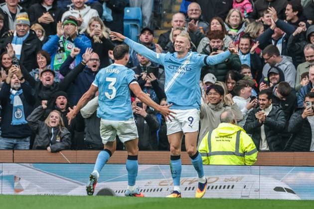 Premier League Manchester City v Manchester United, ManU Erling Haaland of Manchester City celebrates his goal to make it 3-0 during the Premier League match Manchester City vs Manchester United at Etihad Stadium, Manchester, United Kingdom, 14th September 2025 (Photo by Mark Cosgrove News Images) Manchester Etihad Stadium Manchester United Kingdom Copyright: xMarkxCosgrove NewsxImagesx