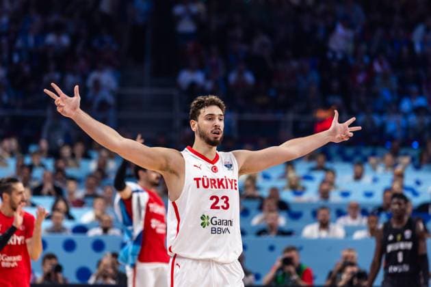 LAT, Eurobasket 205, Basketball Europameisterschaft, Finale, Türkei-Deutschland 14.09.2025, Riga Arena, Riga, LAT, Eurobasket 205, Basketball Europameisterschaft, Finale, Türkei-Deutschland Alperen Sengun (Türkei, No 23) jubelt  Foto Alexander Trienitz nordphoto GmbH