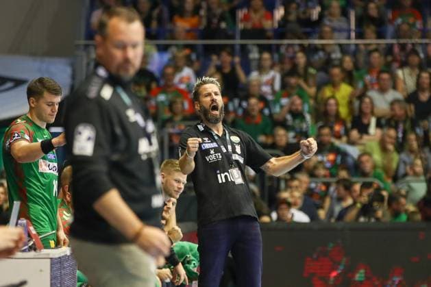 14.09.2025, xgox, Handball - Daikin HBL SC Magdeburg - TVB Stuttgart emspor, v.l. Bennet Wiegert (Magdeburg, Trainer) Jubel, Torjubel, jubelt ueber das Tor, celebrate the goal, celebration Magdeburg