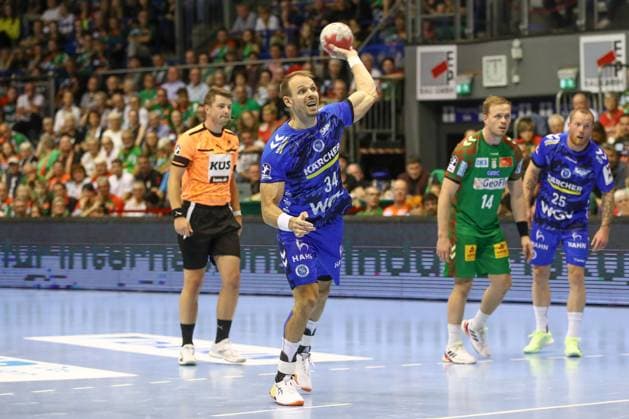 14.09.2025, xgox, Handball - Daikin HBL SC Magdeburg - TVB Stuttgart emspor, v.l. Kai Haefner (Häfner, Stuttgart, 34) beim Siebenmeter Magdeburg