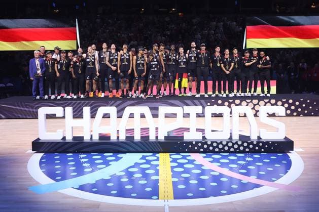 TURKEY vs GERMANY TEAM GERMANY, CELEBRATION, basketball player of Germany during the European Championships final match against Turkey, at Xiaomi Arena. Riga, 14.09.2025. photo: Ivica Veselinov MN Press Photo BASKETBALL, FIBA, EUROBASKET 2025, TURKEY, GERMANY Riga Xiaomi Arena Riga Latvia Copyright: xMNxPressxPhotox