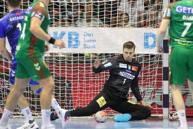 14.09.2025, xtgx, SC Magdeburg - TVB Stuttgart v.l. Sergey Hernandez Ferrer (Magdeburg, 1) Parade, haelt den Ball, faengt den Ball, pariert Magdeburg