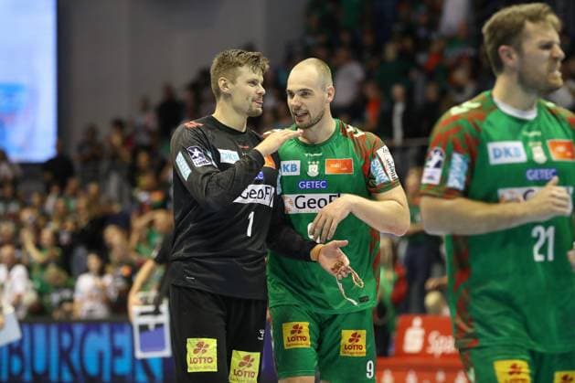14.09.2025, xtgx, SC Magdeburg - TVB Stuttgart v.l. Sergey Hernandez Ferrer (Magdeburg, 1), Tim Zechel (Magdeburg, 9) Jubel ueber den Sieg, Jubel nach Spielende Magdeburg