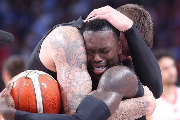 TURKEY vs GERMANY CELEBRATION, DENNIS SCHRODER, DANIEL THEIS, basketball player of Germany during the European Championships final match against Turkey, at Xiaomi Arena. Riga, 14.09.2025. photo: Ivica Veselinov MN Press Photo BASKETBALL, FIBA, EUROBASKET 2025, TURKEY, GERMANY Riga Xiaomi Arena Riga Latvia Copyright: xMNxPressxPhotox