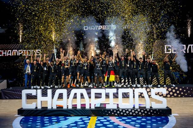 Basketball Riga 14.09.2025 DBB Länderspiel Männer Herren EuroBasket 2025 Finale Türkei (TUR) - Deutschland (GER) Deutschland ist Europameister Jubel