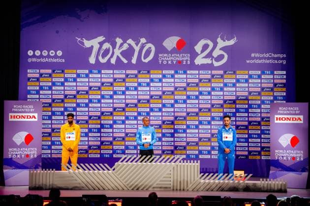 World Athletics Championships; Tokyo, 15.09.2025 Medal ceremony of Men’s Marathon during the World Athletics Championships with Amanal Petros (GER), Alphonce Felix Simbu (TAN) & Iliass Aouani (ITA) 15.09.2025 in Tokyo. Copyright: xBEAUTIFULxSPORTS Flatemerschx