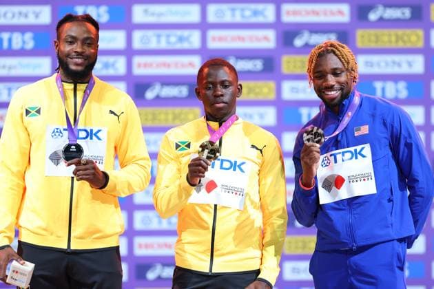 (L to R) Kishane THOMPSON (JAM), Oblique SEVILLE (JAM), Noah LYLES (USA), SEPTEMBER 15, 2025 - Athletics : World Athletics Championships Tokyo 2025 Men s 100m Medal Ceremony at National Stadium in Tokyo, Japan.  aflo_303519731