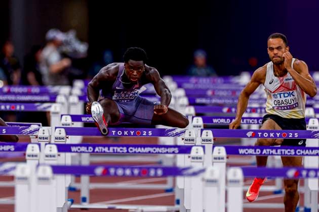 Ja Kobe Tharp of United States of America and Michael Obasuyi of Belgium Men s 110 Metres Hurdles, , Day 3 - World Athletics Championships Tokyo 2025, Japan National Stadium, September 15, 2025, Tokyo, Japan.