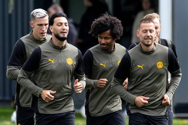 15.09.2025, Abschlusstraining zum UEFA Champions League Spiel zwischen Juventus Turin und Borussia Dortmund, v. l. Nico Schlotterbeck (Borussia Dortmund), Ramy Bensebaini (Borussia Dortmund), Karim Adeyemi (Borussia Dortmund), Waldemar Anton (Borussia Dortmund), Dortmund Trainingsgelände Borussia Dortmund NRW Deutschland xRHR-FOTO DEx Copyright: DennisxEwert RHR-FOTOx RHR-FOTO DE
