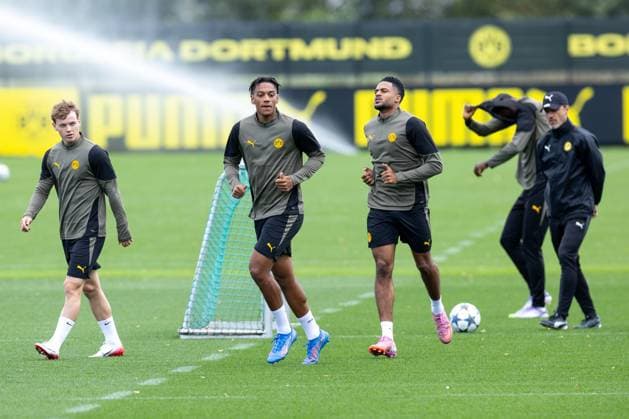 15.09.2025, Abschlusstraining zum UEFA Champions League Spiel zwischen Juventus Turin und Borussia Dortmund, v. l. Cole Campbell (Borussia Dortmund), Filipo Mane (Borussia Dortmund), Almugera Kabar (Borussia Dortmund), Trainer Niko Kovac (Borussia Dortmund), Dortmund Trainingsgelände Borussia Dortmund NRW Deutschland xRHR-FOTO DEx Copyright: DennisxEwert RHR-FOTOx RHR-FOTO DE