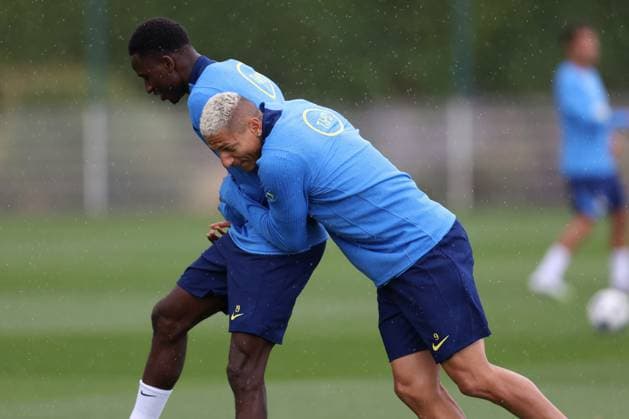Tottenham Training 15 September 2025, Enfield - Tottenham Hotspur Training - Pape Matar Sarr and Richarlison of Tottenham Hotspur - Photo: Charlotte Wilson Offside. Enfield UK Copyright: xCharlottexWilsonx xOffsidexOffside