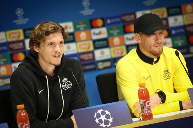 Union s Fedde Leysen and Union s head coach Sebastien Pocognoli pictured during a press conference, PK, Pressekonferenz of Belgian soccer team Royale Union Saint-Gilloise in Eindhoven, The Netherlands, on Monday 15 September 2025. The team prepares for tomorrow s match against Dutch team PSV Eindhoven, on the opening day of the League phase of the UEFA Champions League tournament. VIRGINIExLEFOUR  x134347817x