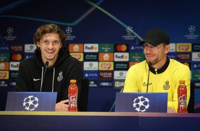 Union s Fedde Leysen and Union s head coach Sebastien Pocognoli pictured during a press conference, PK, Pressekonferenz of Belgian soccer team Royale Union Saint-Gilloise in Eindhoven, The Netherlands, on Monday 15 September 2025. The team prepares for tomorrow s match against Dutch team PSV Eindhoven, on the opening day of the League phase of the UEFA Champions League tournament. VIRGINIExLEFOUR  x134347916x