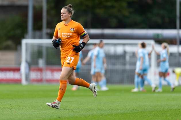 Google Pixel Frauen-Bundesliga: Bayer 04 Leverkusen - Union Berlin; 15.09.2025 Friederike Repohl (Bayer 04 Leverkusen, 27). am 2. Spieltag der Google Pixel Frauen-Bundesliga im Spiel Bayer 04 Leverkusen gegen Union Berlin am 15.09.2025 im Ulrich-Haberland-Stadion in Leverkusen. Copyright: xBEAUTIFULxSPORTS Meuselx