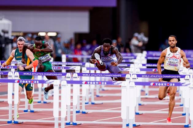 Mondray Barnard of South Africa and Louis Francois Mendy of Senegal and Ja Kobe Tharp of United States of America and Michael Obasuyi of Belgium Men s 110 Metres Hurdles, , Day 3 - World Athletics Championships Tokyo 2025, Japan National Stadium, September 15, 2025, Tokyo, Japan.