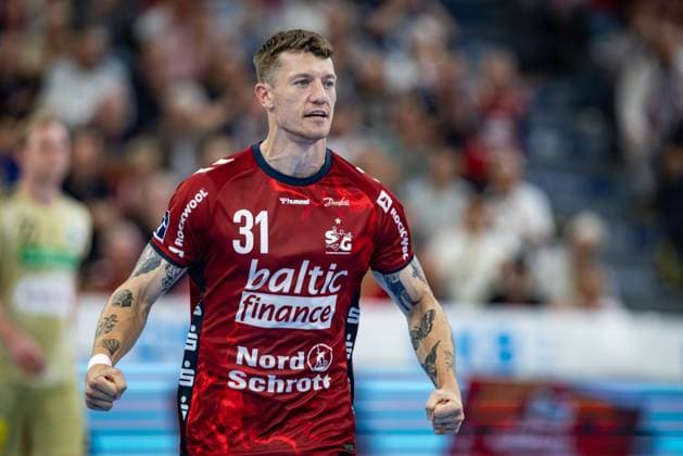 DAIKIN HBL: SG Flensburg-Handewitt vs TSV Hannover-Burgdorf; 15.09.25 Jubel Torjubel bei Emil Jakobsen (Nr.31, SG Flensburg-Handewitt) DAIKIN HBL: SG Flensburg-Handewitt vs TSV Hannover-Burgdorf, GP JOULE Arena Flensburg am 15.09.25 Copyright: xBEAUTIFULxSPORTS MarioxM.xKobergx