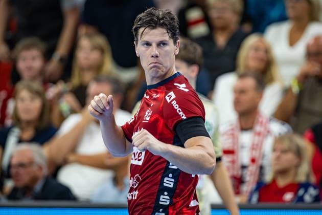 DAIKIN HBL: SG Flensburg-Handewitt vs TSV Hannover-Burgdorf; 15.09.25 Jubel Torjubel bei Aksel Horgen (Nr.27, SG Flensburg-Handewitt) DAIKIN HBL: SG Flensburg-Handewitt vs TSV Hannover-Burgdorf, GP JOULE Arena Flensburg am 15.09.25 Copyright: xBEAUTIFULxSPORTS MarioxM.xKobergx