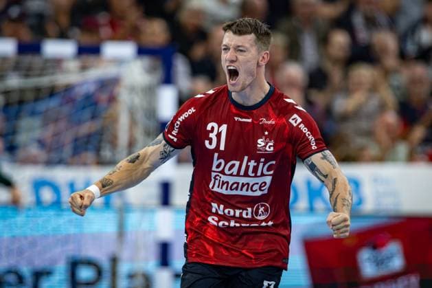 DAIKIN HBL: SG Flensburg-Handewitt vs TSV Hannover-Burgdorf; 15.09.25 Jubel Torjubel bei Emil Jakobsen (Nr.31, SG Flensburg-Handewitt) DAIKIN HBL: SG Flensburg-Handewitt vs TSV Hannover-Burgdorf, GP JOULE Arena Flensburg am 15.09.25 Copyright: xBEAUTIFULxSPORTS MarioxM.xKobergx