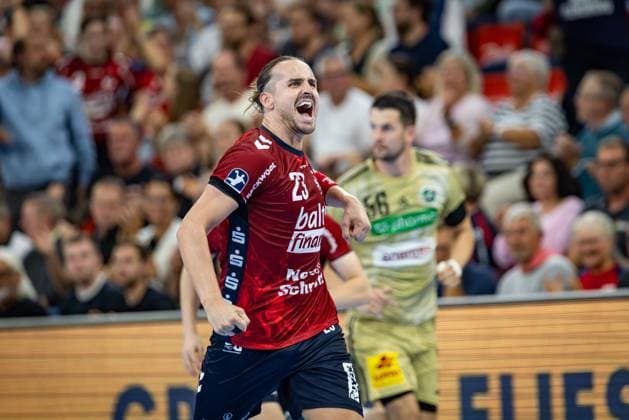 DAIKIN HBL: SG Flensburg-Handewitt vs TSV Hannover-Burgdorf; 15.09.25 Jubel Torjubel bei Kent Robin Tønnesen (Nr.23, SG Flensburg-Handewitt) DAIKIN HBL: SG Flensburg-Handewitt vs TSV Hannover-Burgdorf, GP JOULE Arena Flensburg am 15.09.25 Copyright: xBEAUTIFULxSPORTS MarioxM.xKobergx