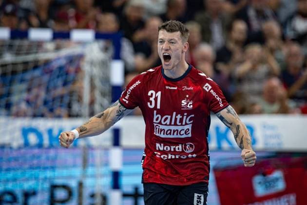DAIKIN HBL: SG Flensburg-Handewitt vs TSV Hannover-Burgdorf; 15.09.25 Jubel Torjubel bei Emil Jakobsen (Nr.31, SG Flensburg-Handewitt) DAIKIN HBL: SG Flensburg-Handewitt vs TSV Hannover-Burgdorf, GP JOULE Arena Flensburg am 15.09.25 Copyright: xBEAUTIFULxSPORTS MarioxM.xKobergx