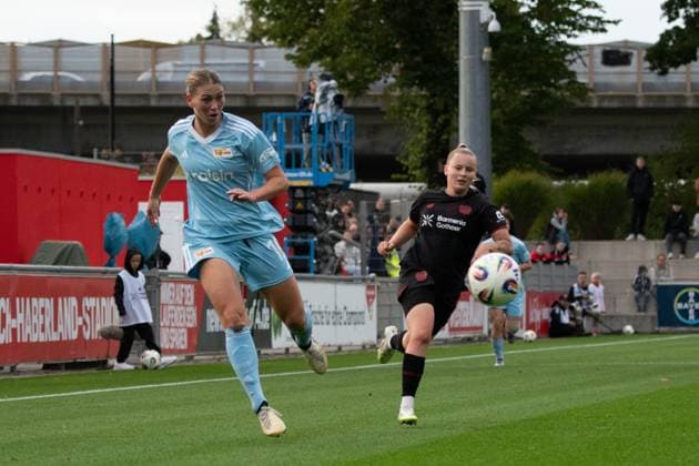 Alma Aagaard (15 Union Berlin) and Vanessa Fudalla (21 Bayer Leverkusen) during the Google Pixel Frauen-Bundesliga between Bayer 04 Leverkusen and 1. FC Union Berlin at Ulrich-Haberland-Stadion in Leverkusen, Germany.  Copyright: xQianruxZhang SPPx Sportspressphoto_SPR26889