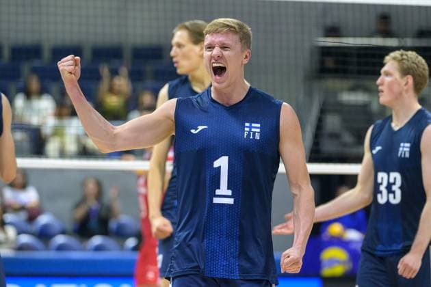 September 16, 2025, Quezon City, Manila, Philippines: France vs Finland in their Pool Phase match during the FIVB Mens Volleyball World Championship, WM, Weltmeisterschaft 2025 in Manila, Philippines. In a 5 set match, Olympic Champions France are beaten 3 sets to 2 by Finland. Finlands Antti RONKAINEN celebrates a point. Quezon City Philippines - ZUMAr144 20250916_zap_r144_008 Copyright: xJaynexRussellx