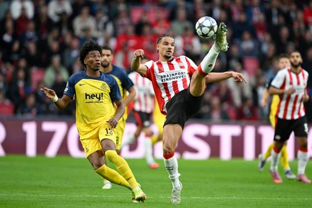 PSV Eindhoven v Royale Union Saint-Gilloise - UEFA Champions League EINDHOVEN, NETHERLANDS - SEPTEMBER 16 : Rodriguez Cortez Kevin Jose forward of Union Saint-Gilloise and Obispo Armando defender of PSV Eindhoven during the UEFA Champions League 2025 26 League Phase MD1 match between PSV Eindhoven and Royale Union Saint-Gilloise on September 16, 2025 in Eindhoven, Netherlands, 16 09 2025 Eindhoven Netherlands  Copyright: xNicoxVereeckenx