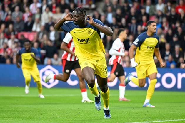 PSV Eindhoven v Royale Union Saint-Gilloise - UEFA Champions League EINDHOVEN, NETHERLANDS - SEPTEMBER 16 : David Promise Oluwatobi forward of Union Saint-Gilloise scores a penalty during the UEFA Champions League 2025 26 League Phase MD1 match between PSV Eindhoven and Royale Union Saint-Gilloise on September 16, 2025 in Eindhoven, Netherlands, 16 09 2025 Eindhoven Netherlands  Copyright: xNicoxVereeckenx