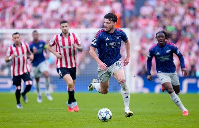 Declan Rice of Arsenal Athletic Bilbao v Arsenal, UEFA Champions League, Group Stage, Football, Estadio de San Mames, Bilbao, Spain - 16 Sep 2025Bilbao Estadio de San Mames Spain EDITORIAL USE ONLY No use with unauthorised audio, video, data, fixture lists, club league logos or live services. Online in-match use limited to 120 images, no video emulation. No use in betting, games or single club league player publications. Copyright: xSergioxRuiz Shutterstockx 15481341v