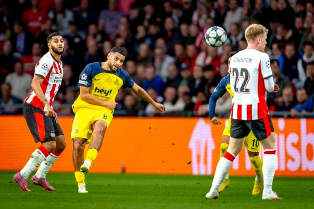PSV Eindhoven midfielder Ismael Saibari, Union Saint-Gilloise midfielder Adem Zorgane during the match PSV - Royale Union Saint-Gilloise at the Philips stadium for the Champions League - League phase - Matchday 1 season 2025-2026 in EINDHOVEN, Netherlands on 16 september 2025, (photo by Marcel van Dorst EYE4images DeFodi Images)