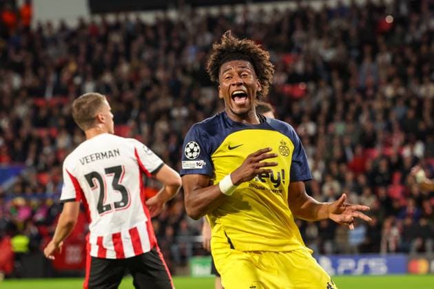 2025-09-16 PSV Eindhoven v Royale Union Saint-Gilloise - UEFA Champions League 2025 26 League Phase MD1 EINDHOVEN, NETHERLANDS - SEPTEMBER 16: Kevin Rodriguez of Royale Union Saint-Gilloise celebrates after Kevin Mac Allister of Royale Union Saint-Gillois scoring his teams third goal during the UEFA Champions League 2025 26 League Phase MD1 match between PSV Eindhoven and Royale Union Saint-Gilloise at Philips Stadion on September 16, 2025 in Eindhoven, Netherlands. Eindhoven Philips Stadion Netherlands Content not available for redistribution in The Netherlands directly or indirectly through any third parties. Copyright: xBenxGalx