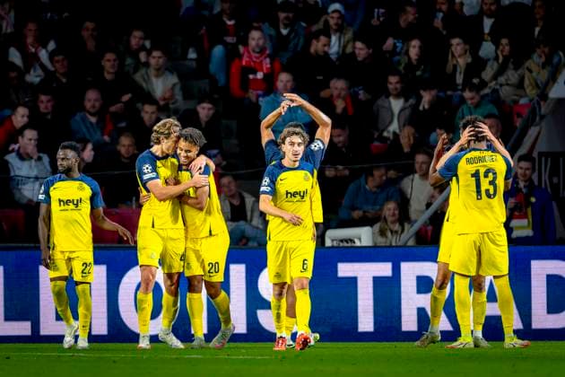 Union Saint-Gilloise defender Kevin Mac Allister scores the 0-3 and celebrating the goal during the match PSV - Royale Union Saint-Gilloise at the Philips stadium for the Champions League - League phase - Matchday 1 season 2025-2026 in EINDHOVEN, Netherlands on 16 september 2025, (photo by Marcel van Dorst EYE4images DeFodi Images)