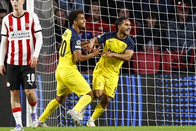 EINDHOVEN - (L-R) Anouar Ait El Hadj of Royale Union Saint-Gilloise and Kevin MacAllister of Royale Union Saint-Gilloise celebrate the 0-3 goal during the UEFA Champions League match between PSV Eindhoven and Royale Union Saint-Gilloise at Phillips Stadium on September 16, 2025, in Eindhoven, Netherlands. ANP MAURICE VAN STEEN UEFA Champions League 2025 26 xVIxANPxSportx xxANPxIVx 536522143 originalFilename: 536522143.jpg
