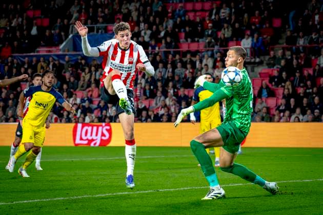 PSV Eindhoven forwarder scores the 1-3 during the match PSV - Royale Union Saint-Gilloise at the Philips stadium for the Champions League - League phase - Matchday 1 season 2025-2026 in EINDHOVEN, Netherlands on 16 september 2025, (photo by Marcel van Dorst EYE4images DeFodi Images)