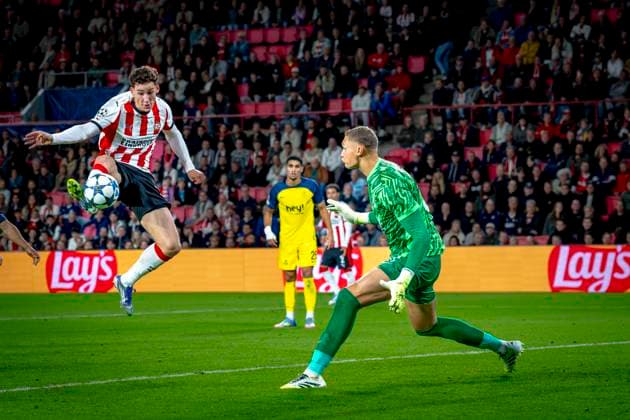 PSV Eindhoven forwarder scores the 1-3 during the match PSV - Royale Union Saint-Gilloise at the Philips stadium for the Champions League - League phase - Matchday 1 season 2025-2026 in EINDHOVEN, Netherlands on 16 september 2025, (photo by Marcel van Dorst EYE4images DeFodi Images)