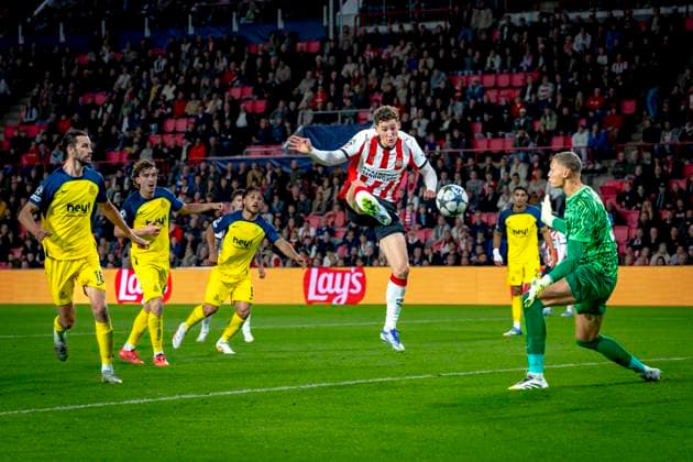 PSV Eindhoven forwarder scores the 1-3 during the match PSV - Royale Union Saint-Gilloise at the Philips stadium for the Champions League - League phase - Matchday 1 season 2025-2026 in EINDHOVEN, Netherlands on 16 september 2025, (photo by Marcel van Dorst EYE4images DeFodi Images)
