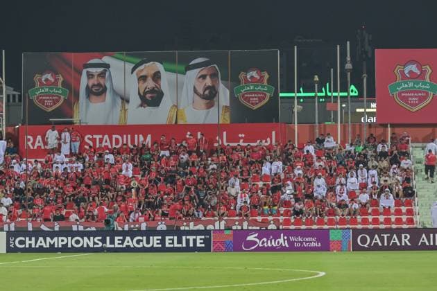 AFC Champions League: Shabab Al-Ahli v Tractor DUBAI, UNITED ARAB EMIRATES - SEPTEMBER 16: Tractor fans cheer for their team during the AFC Champions League match between Shabab Al-Ahli and Tractor at Rashid Stadium in Dubai, United Arab Emirates on September 16, 2025. Waleed Zein Anadolu Dubai United Arab Emirates. Editorial use only. Please get in touch for any other usage.  Copyright: x2025xAnadoluxWaleedxZeinx